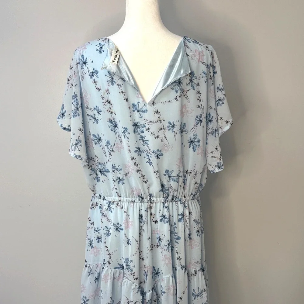 Nemidor Light Blue‎ Floral Chiffon Midi Dress Flutter Sleeve Cottagecore Sz 14